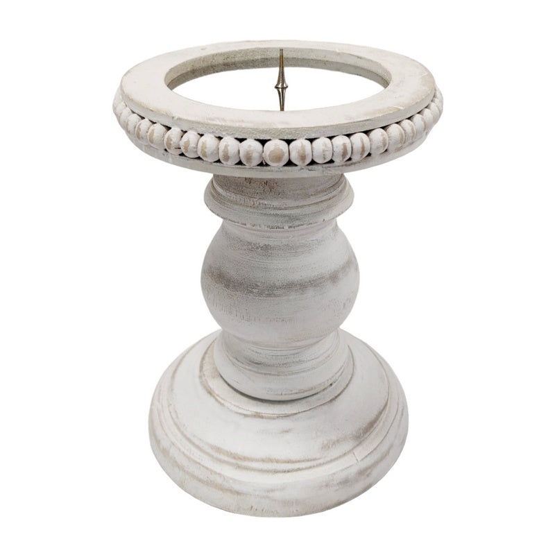 Antique White Beaded Mango Wood Pillar Candle Holder