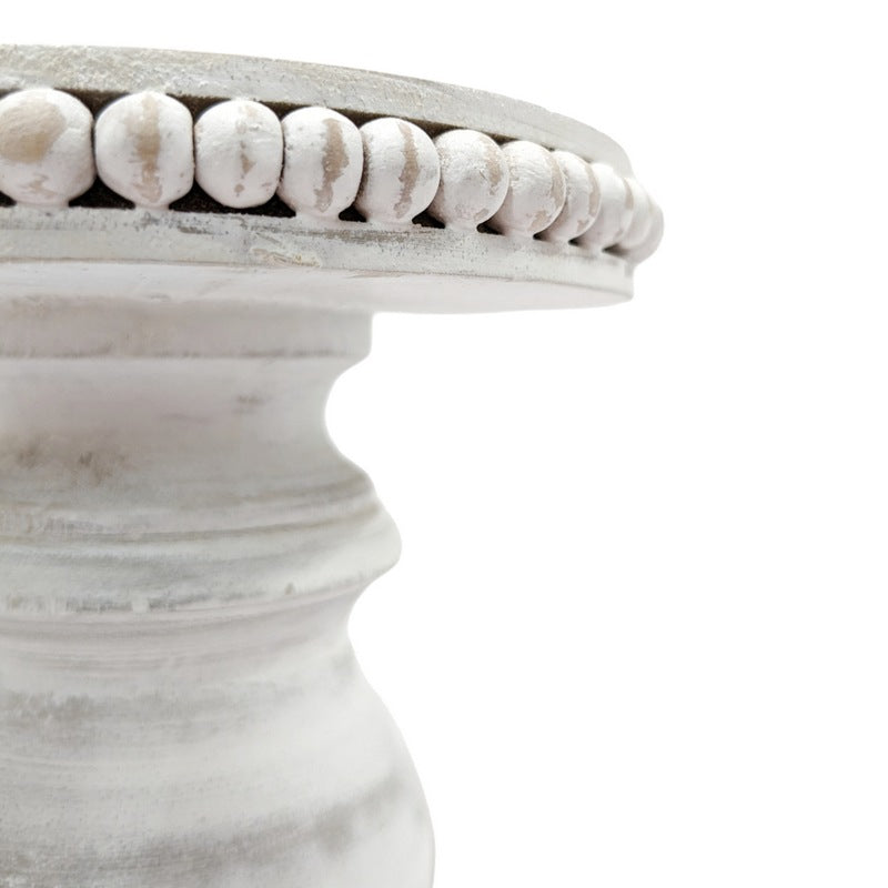 Antique White Beaded Mango Wood Pillar Candle Holder detail