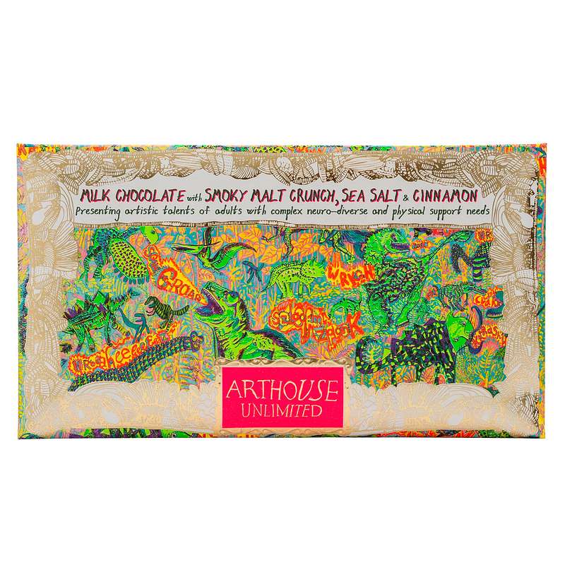 Art House Dinosaurs Milk Chocolate Bar with Smoky Malt Crunch CHOC056 front