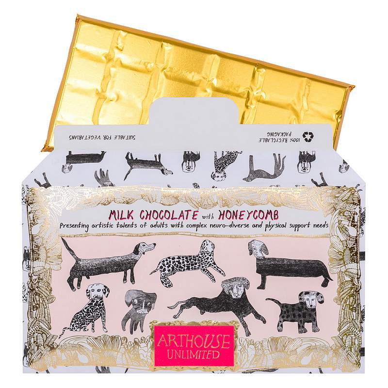 Art House Handmade Milk Chocolate Bar with Honeycomb Dogalicious CHOC055 open