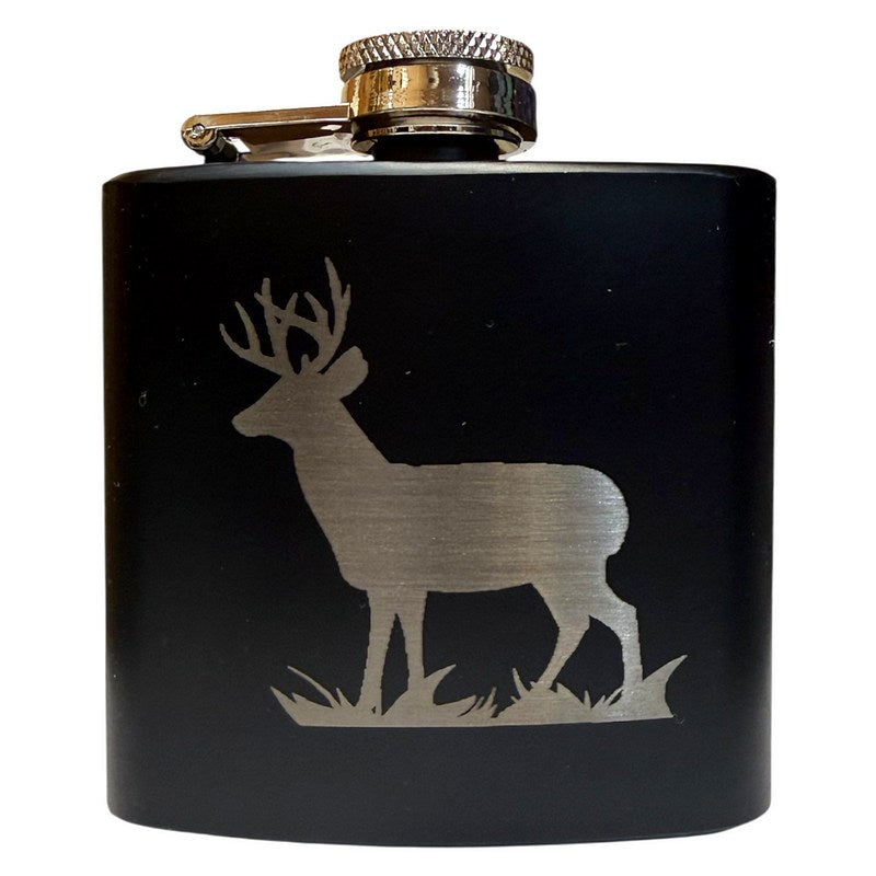 Art Pewter Hip Flask Black Engraved Stag 3oz front