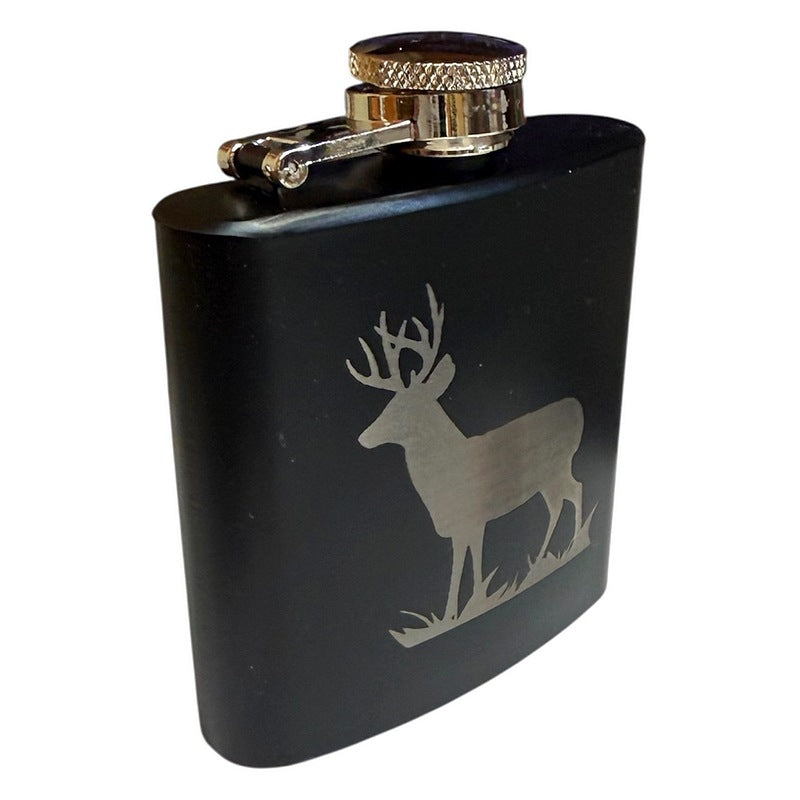 Art Pewter Hip Flask Black Engraved Stag 3oz side