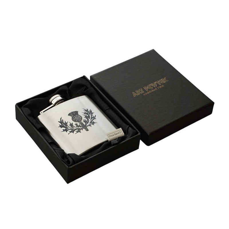 Art Pewter Silver Hip Flask 6oz Stainless Steel - Thistle AP/HF6 box