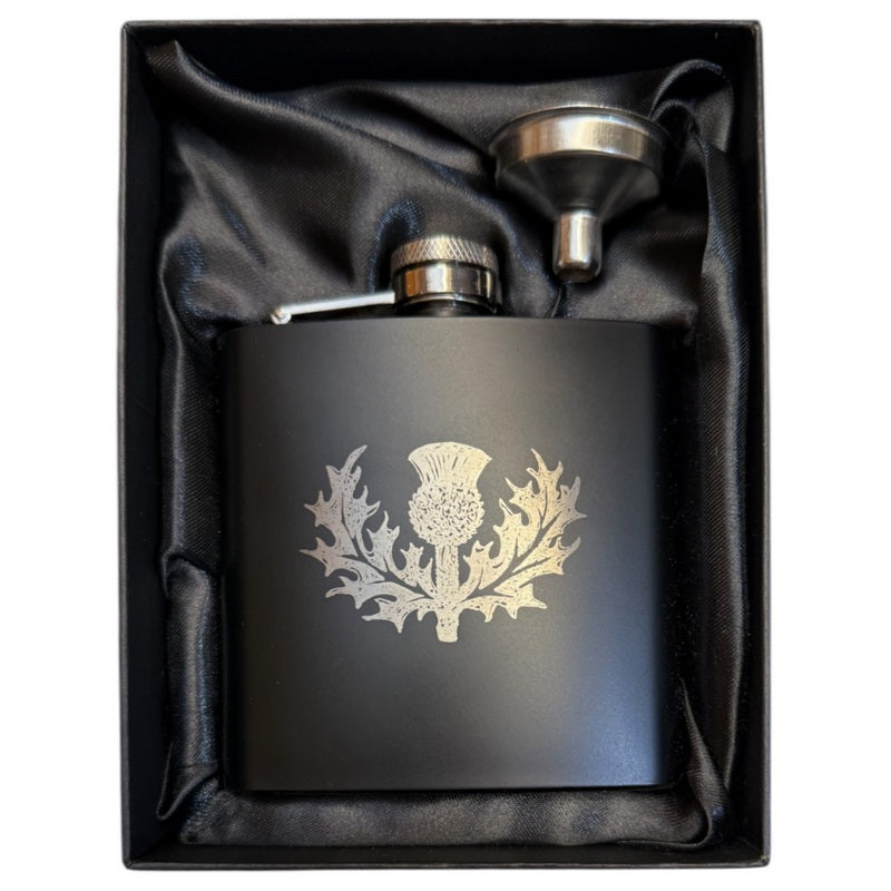 Art Pewter Silver Hip Flask Black Engraved Thistle 6oz in box