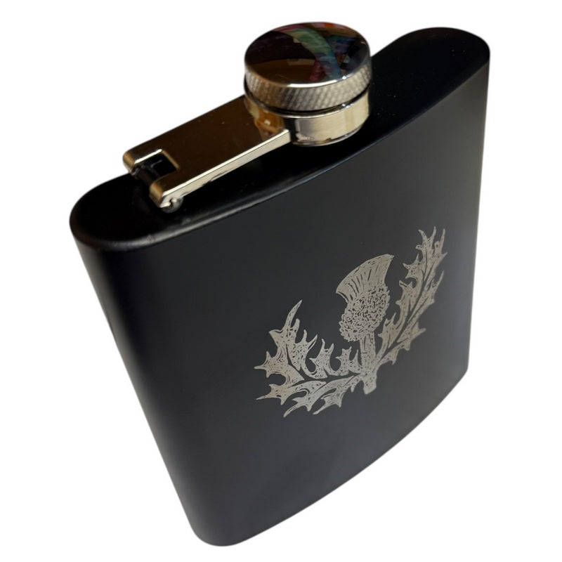 Art Pewter Silver Hip Flask Black Engraved Thistle 6oz top