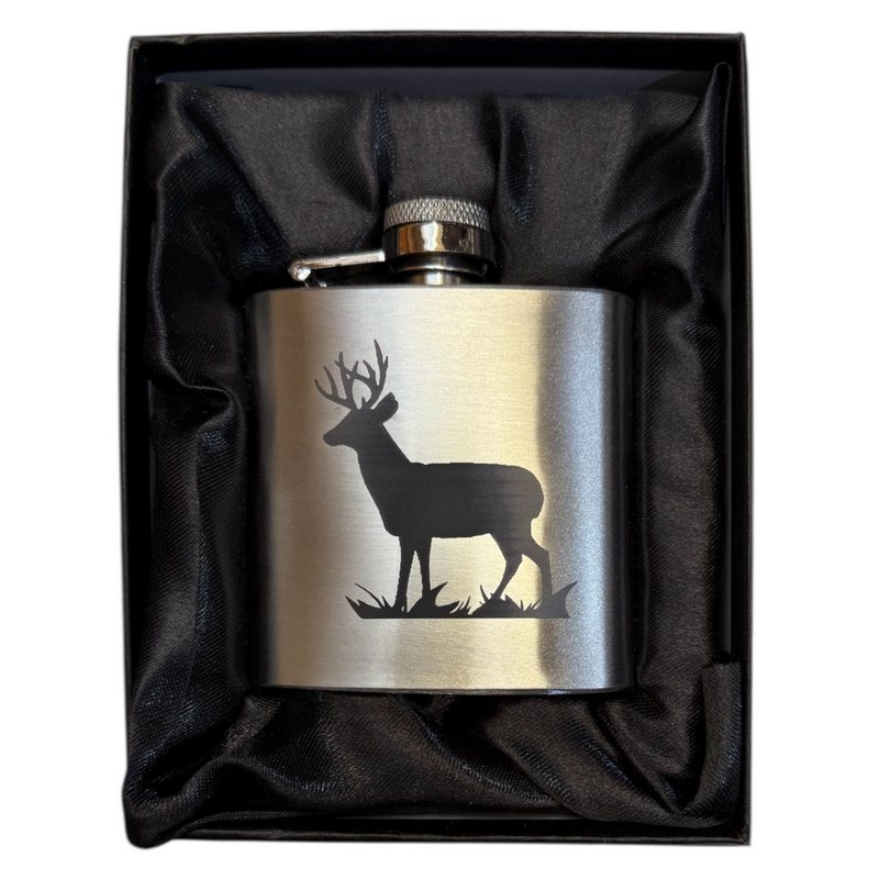 Art Pewter Silver Hip Flask Stainless Steel 3oz Engraved Stag in box