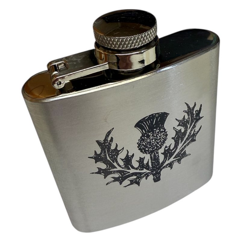 Art Pewter Silver Hip Flask Stainless Steel Engraved Thistle 3oz top