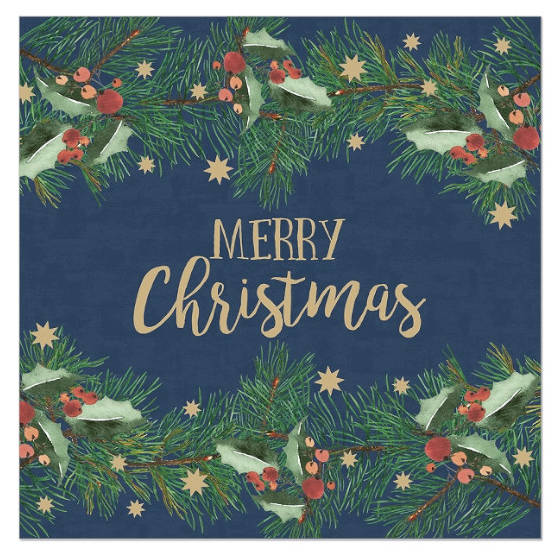 ArteBene Paper Napkins Merry Christmas Holly Navy 133114 front