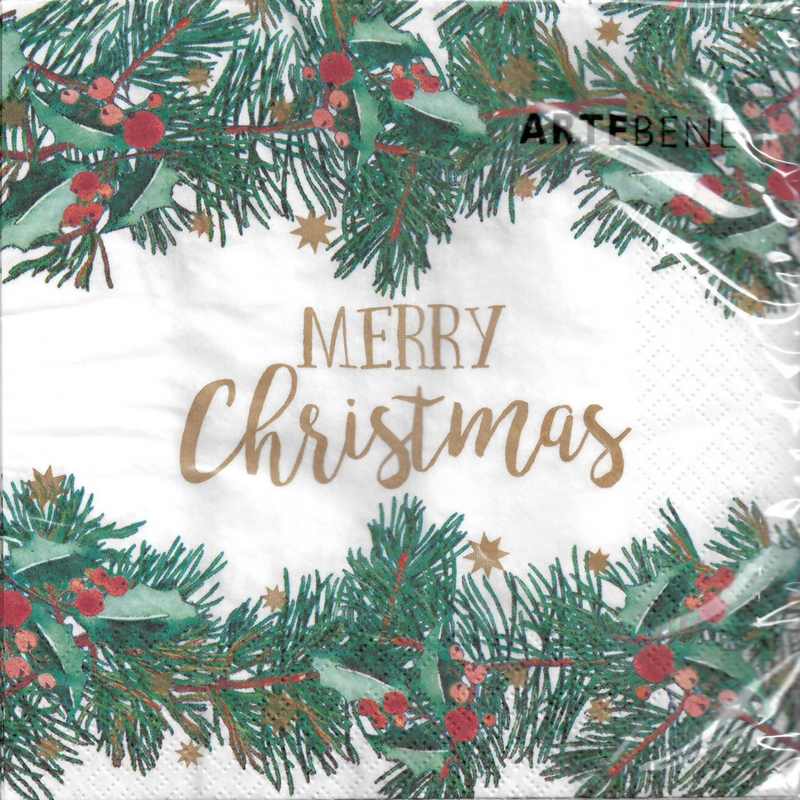 ArteBene Paper Napkins Merry Christmas Holly White 133117 front