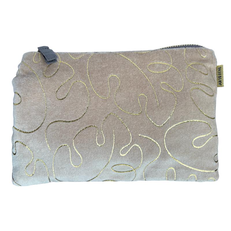 ArteBene Velvet Cosmetics Bag Taupe with Gold Monstera Leaves 241146 front