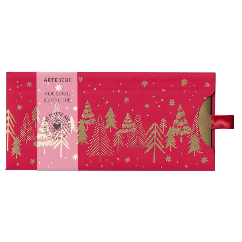 Artebene Christmas Voucher Red Envelope Gold Trees front