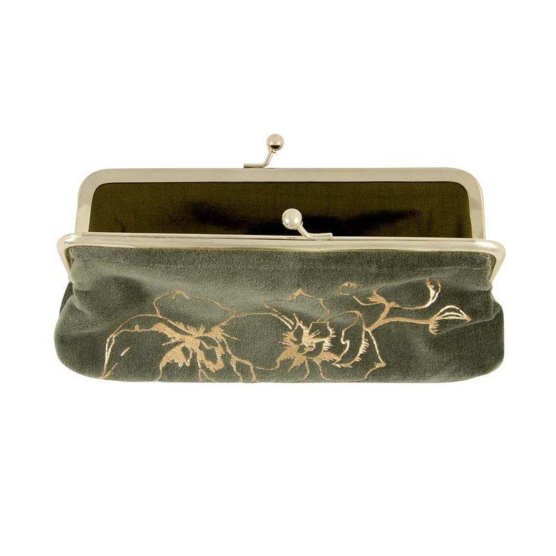 Artebene Cosmetics Clip Bag Green Velvet With Gold Leaves 241070 open