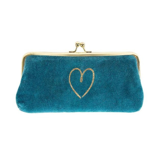 Artebene Cosmetics Clip Bag Teal Velvet Gold Heart 241150 front