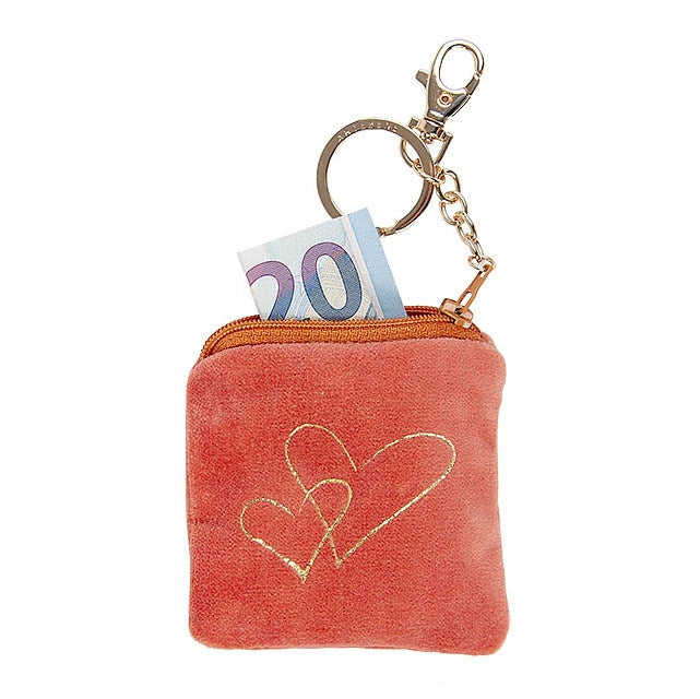 Artebene Keyring Velvet Purse Gold Heart on Coral 210565 in use