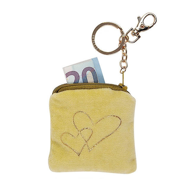 Artebene Keyring Velvet Purse Gold Heart on Yellow 210566 in use