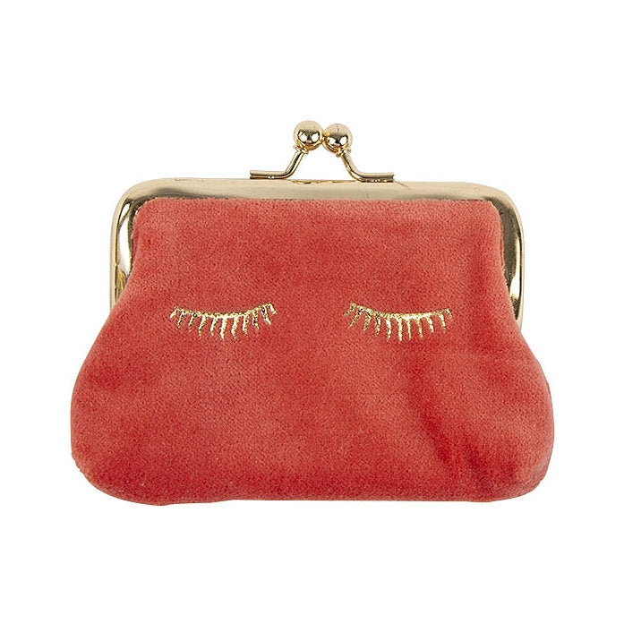 Artebene Velvet Clip Close Purse Pink With Gold Eyelashes 241121 front