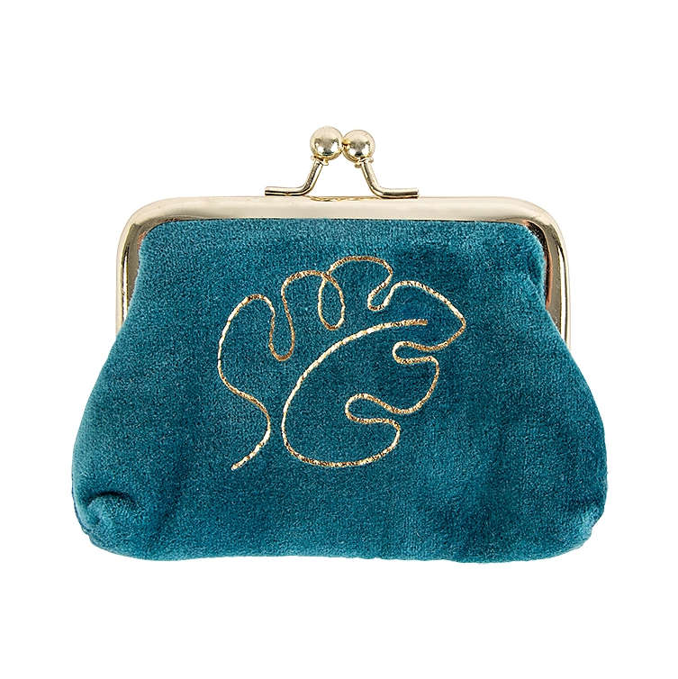 Artebene Velvet Clip Close Purse Teal With Gold Monstera Leaf 241158 front
