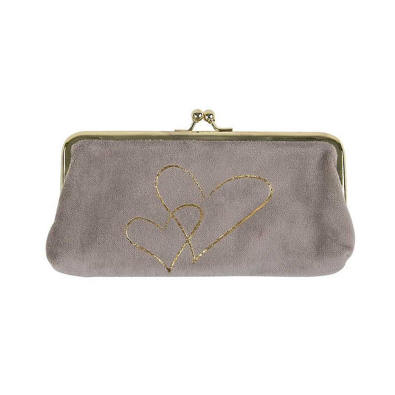 Artebene Velvet Clip Close Taupe Cosmetics Bag Gold Hearts 241117 front