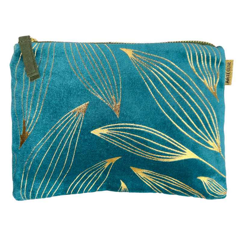 Artebene Velvet Cosmetics Bag Teal with Gold Leaves 241145 front