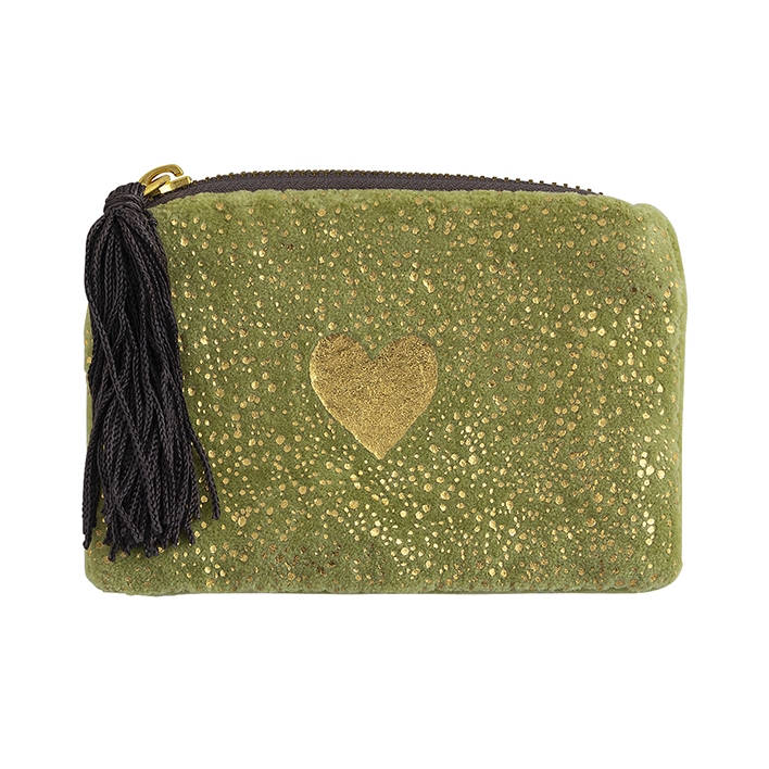 Artebene Velvet Zip Purse Green with Gold Heart 240952 front