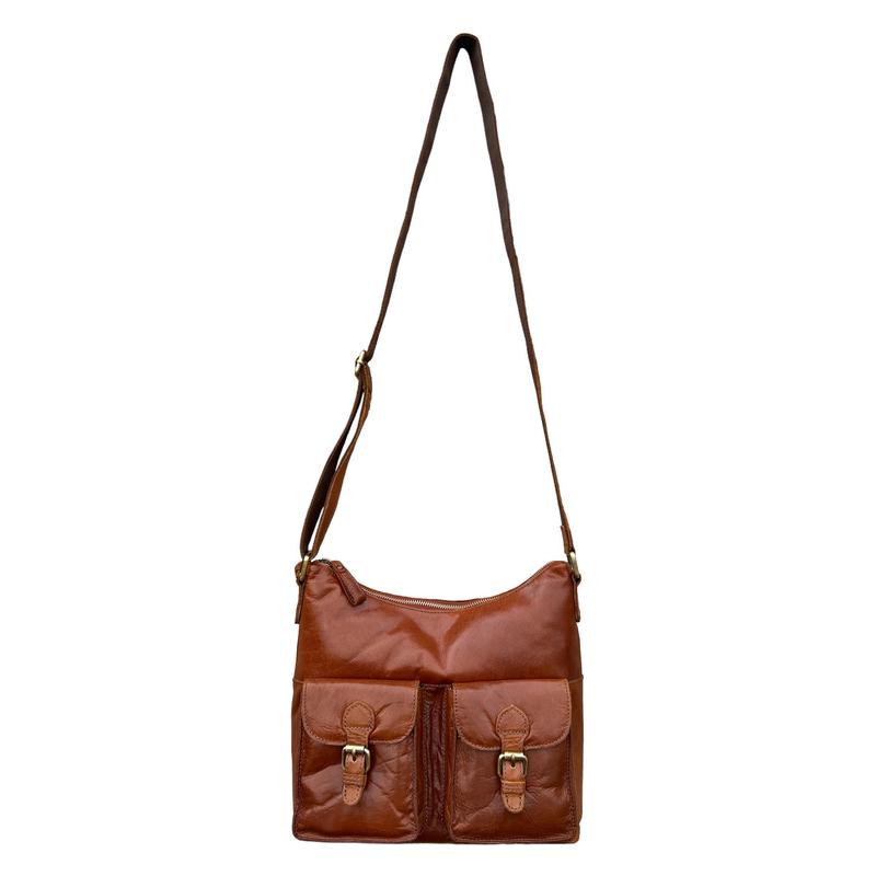 Ashwood Leather Twin Pocket Bag in Honey Tan G21 hanging