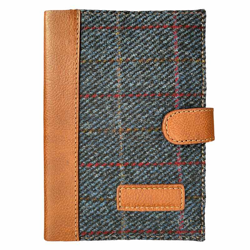 Ashwood Tan Leather & Navy Tweed Covered A6 Notebook front