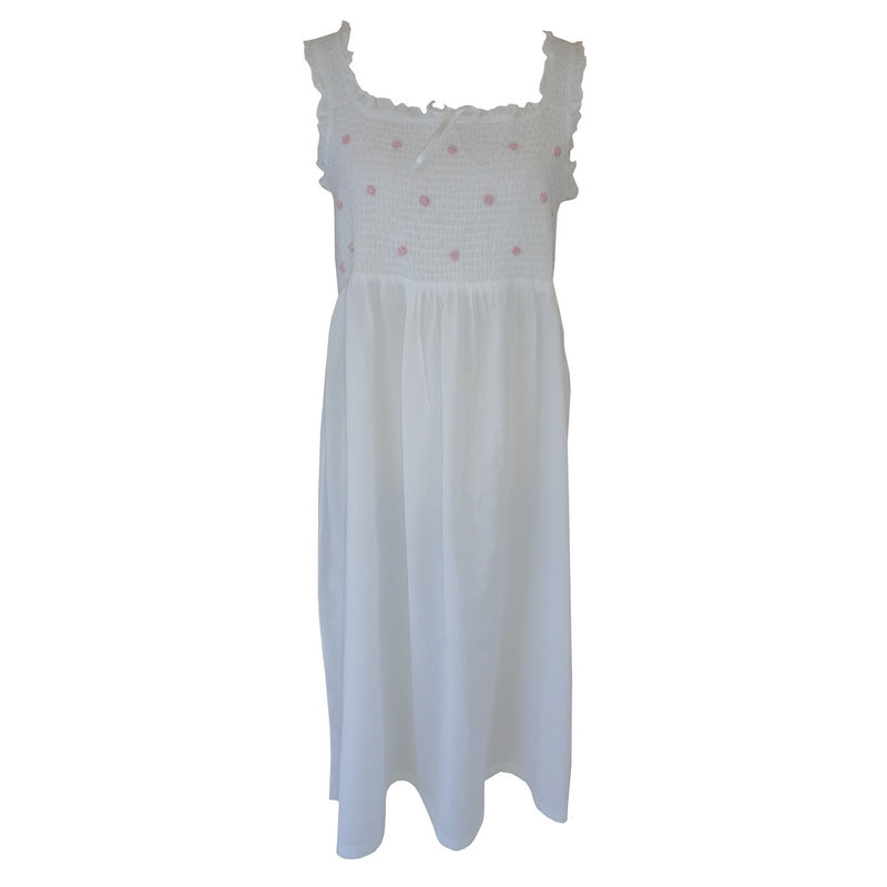 Ava Smocked Bodice Strappy Nightdress White with Pink Rosebuds