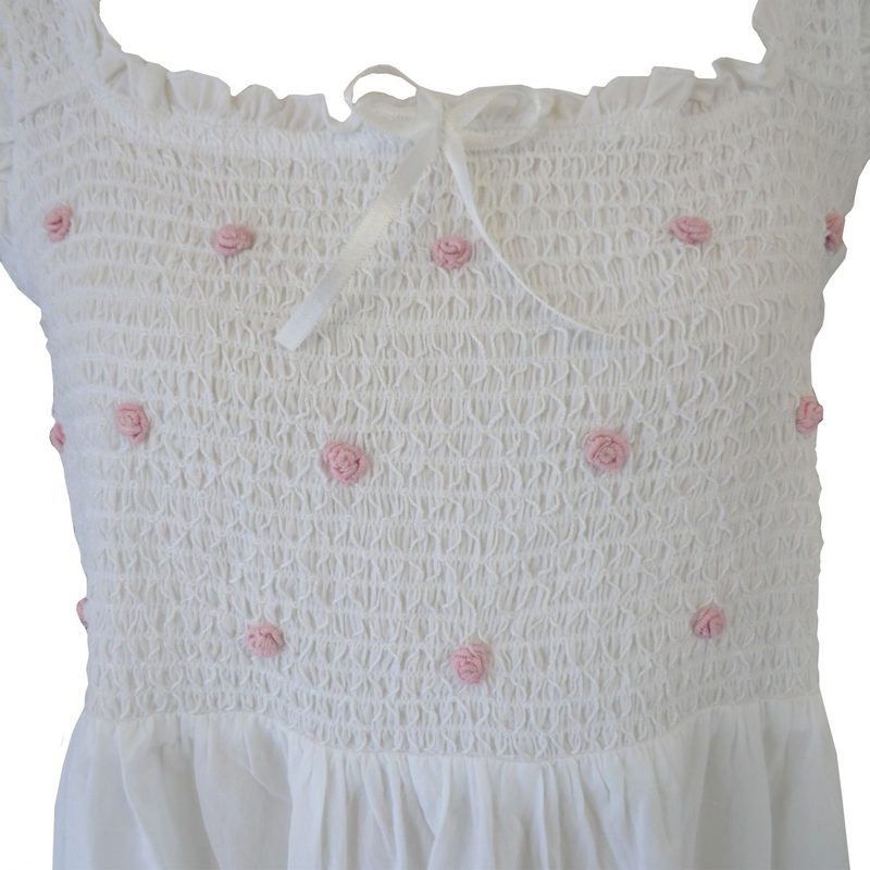 Ava Smocked Bodice Strappy Nightdress White with Pink Rosebuds SN277 front detail