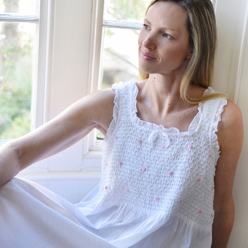 Ava Smocked Bodice Strappy Nightdress White with Pink Rosebuds SN277 on model close-up