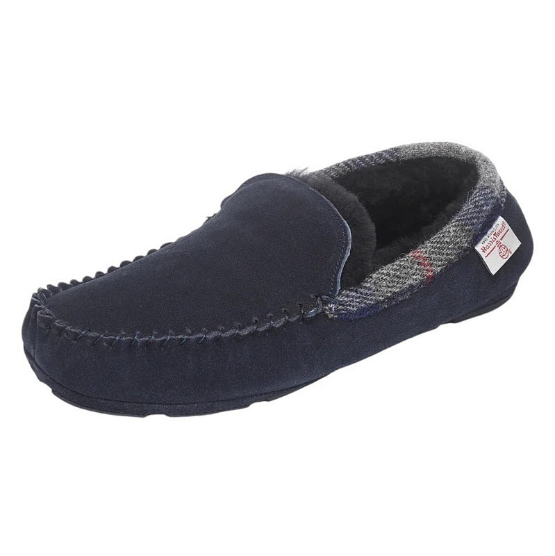 Bedroom Athletics Hanks Navy Suede Moccasin With Harris Tweed angled