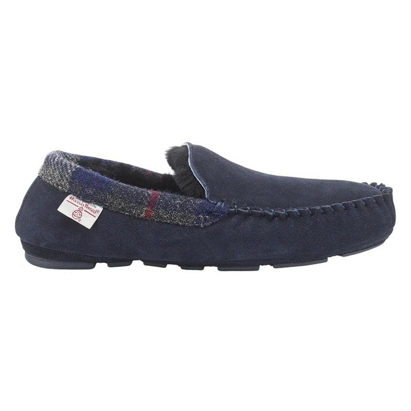 Bedroom Athletics Hanks Navy Suede Moccasin With Harris Tweed side