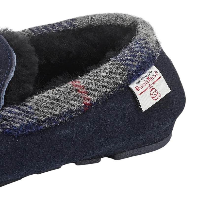 Bedroom Athletics Hanks Navy Suede Moccasin With Harris Tweed label