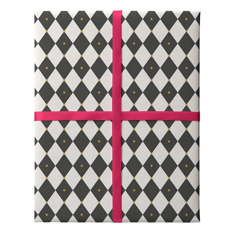 Black And White Harlequin Gold Foil Gift Wrap LGW27 in use