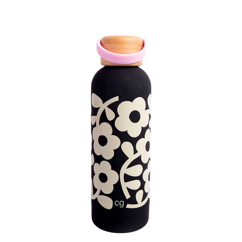 Caroline Gardner Charcoal Mono Flower Water Bottle MET109 handle down