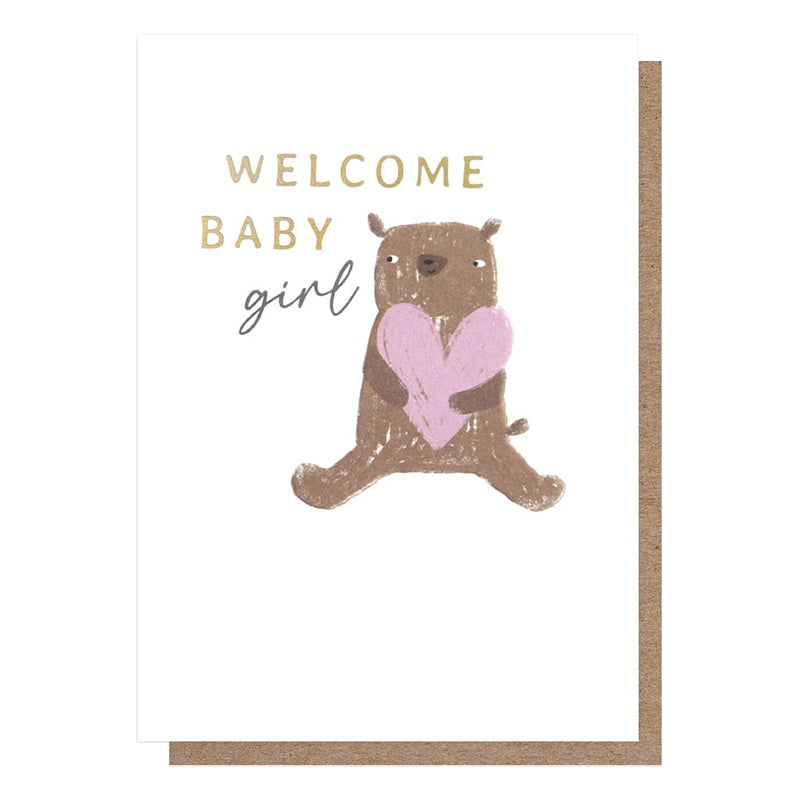 Caroline Gardner Greetings Card Welcome Baby Girl Bear CRC017 front