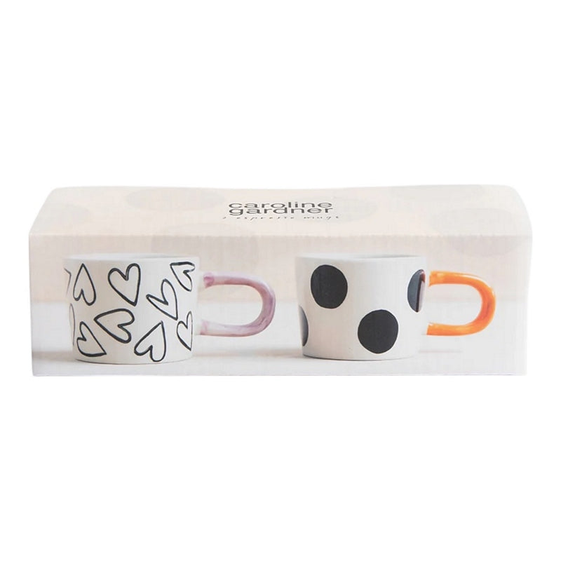 Caroline Gardner Mono Spot & Hearts Set of 2 Espresso Cups BEM100 box