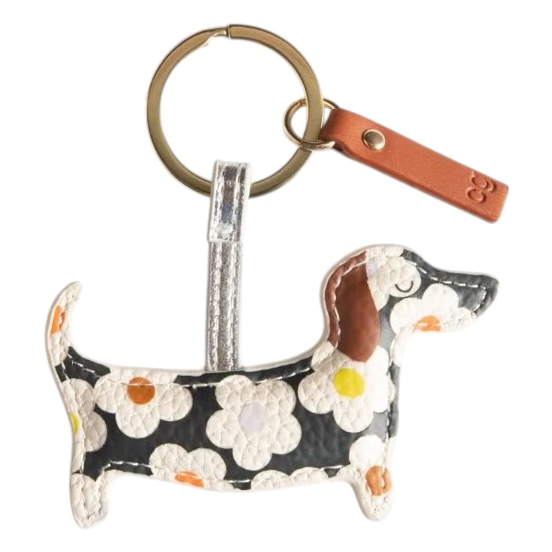 Caroline Gardner Multi Flower Charcoal Sausage Dog Novelty Keyring NOV159 front