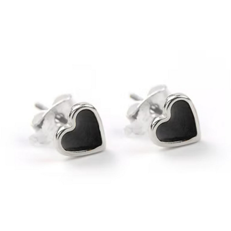 Carrie Elspeth Jewellery ES045 Black Enamel Heart Silver Stud Earrings