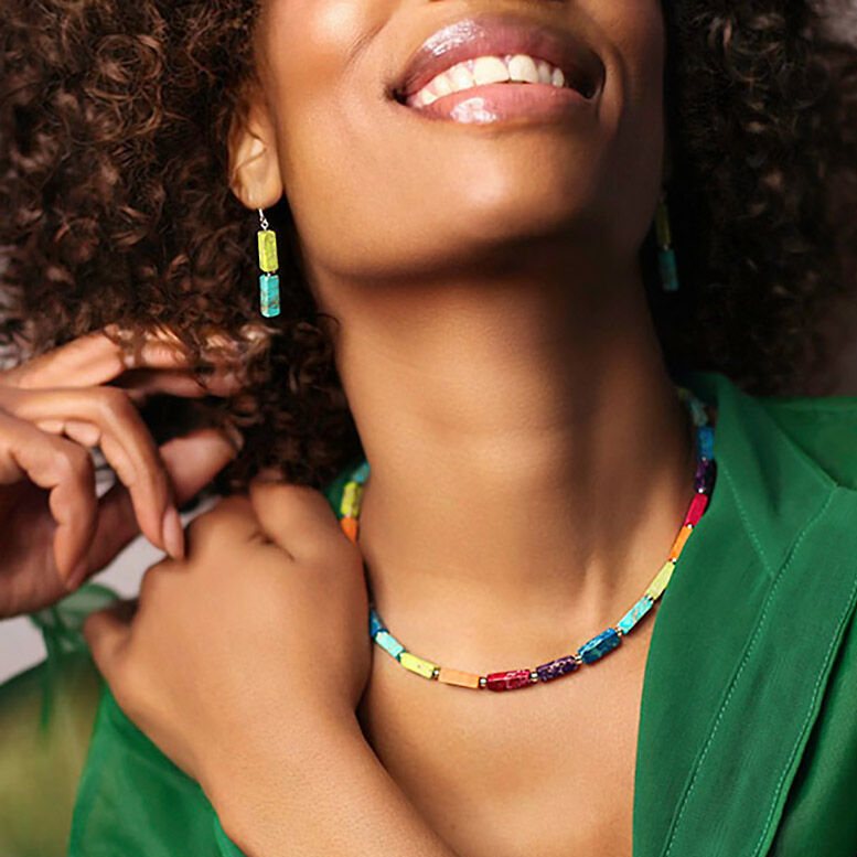 Carrie Elspeth Jewellery Turquoise & Lime Rainbow Jasper Earrings EH1865B on model