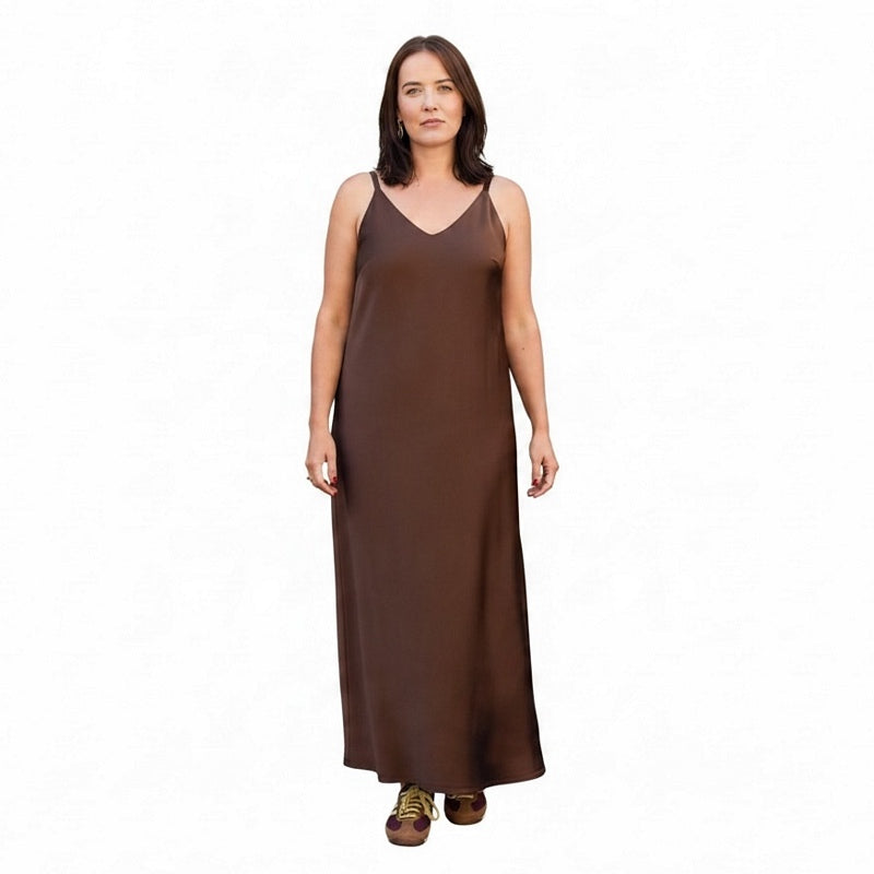 Chalk Clothing Harlow Dress Satin Chocolate On Model front 1