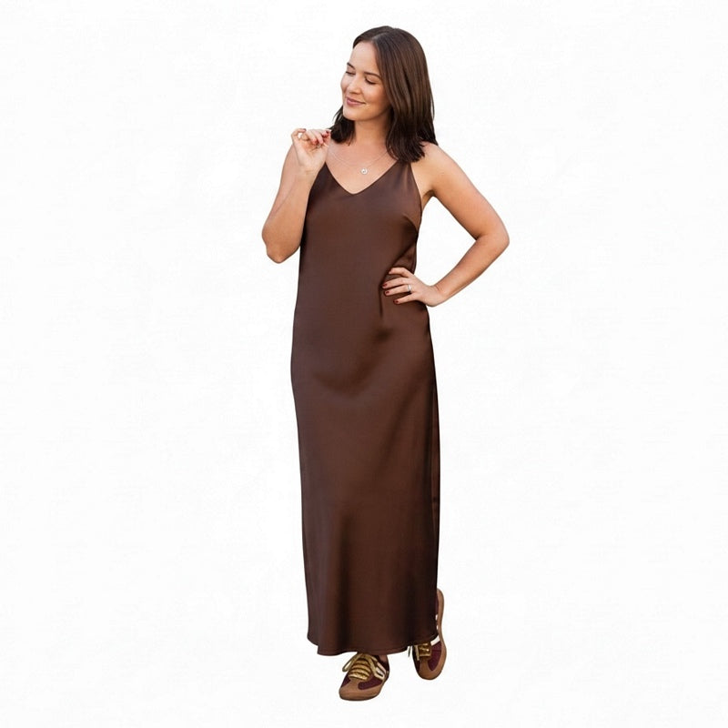 Chalk Clothing Harlow Dress Satin Chocolate On Model front 2