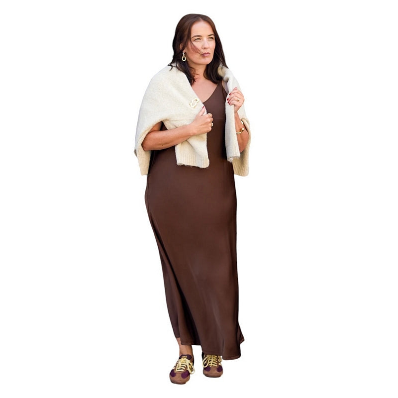 Chalk Clothing Harlow Dress Satin Chocolate On Model front with sweater over shoulders