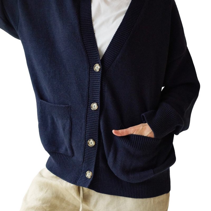 Chalk Clothing Andrea Cardigan in Navy on model detail