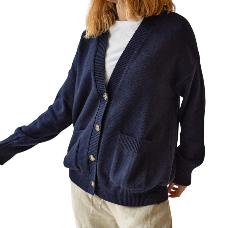 Chalk Clothing Andrea Cardigan in Navy on model front