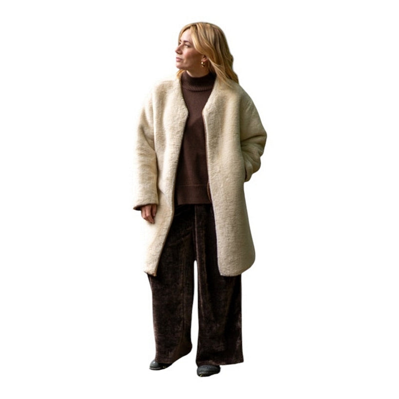 Chalk Clothing Bev Coat Cream on model 2 front