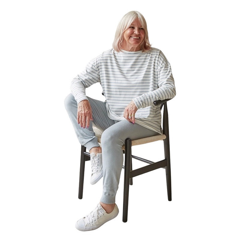 Chalk Clothing Bryony Stripe Top Ice Blue on model sitting