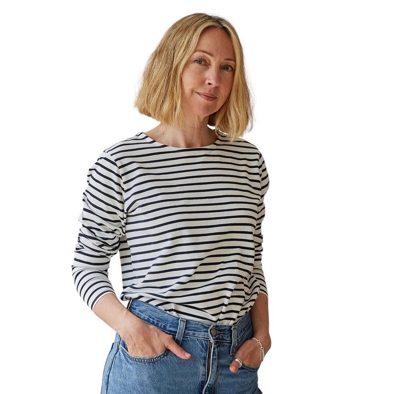 Chalk Clothing Fleur Stripe T-Shirt Navy & Cream One Size on model front