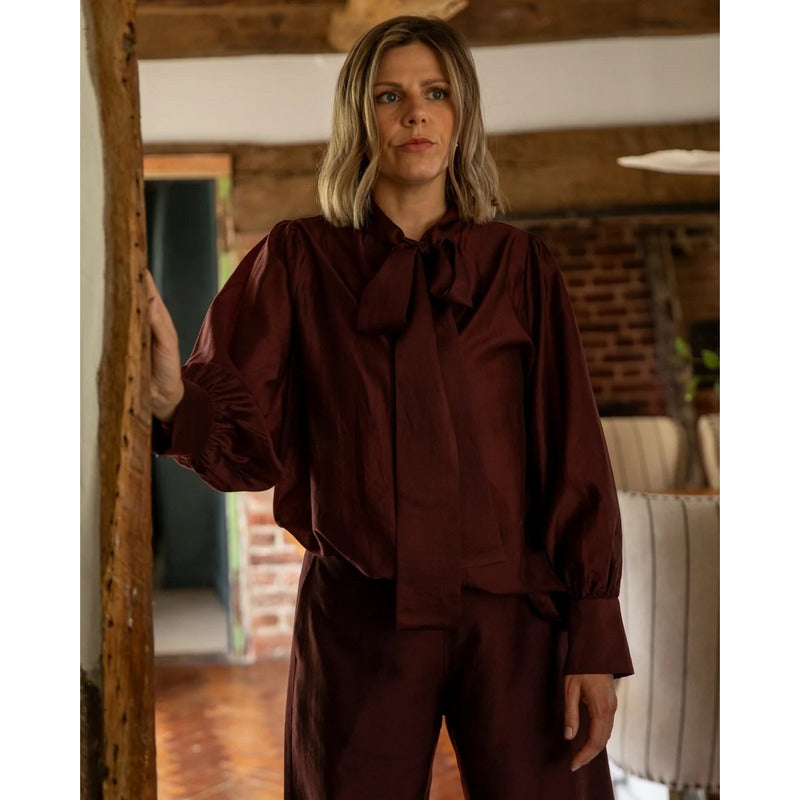 Chalk Clothing Frances Shirt Burgundy on model lifestyle 1