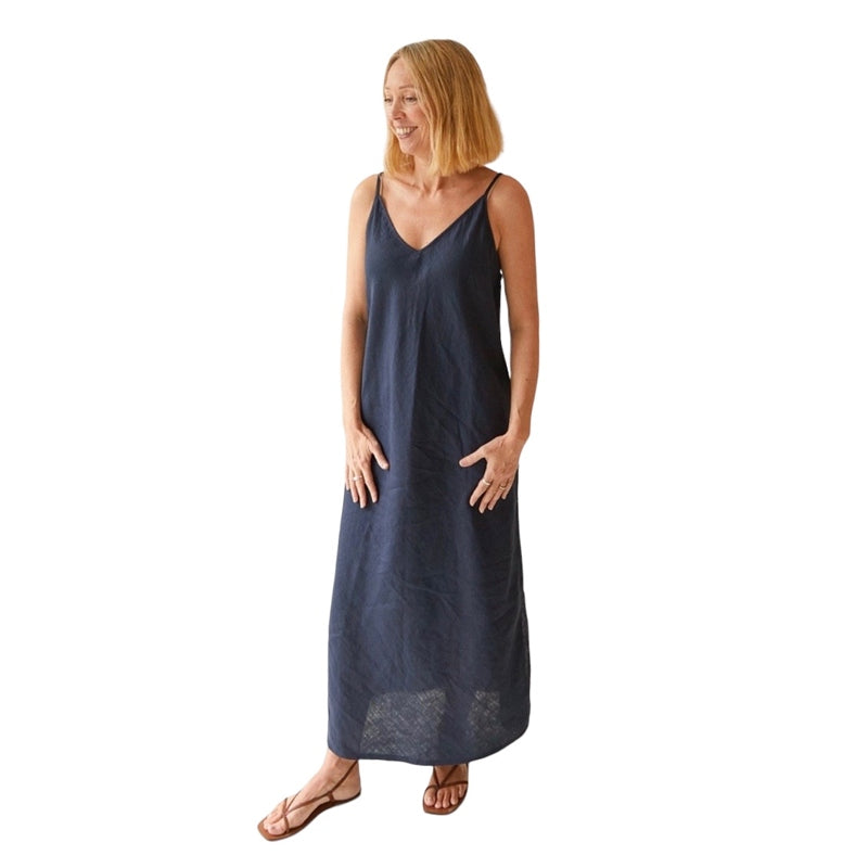 Chalk Clothing Iris Linen Dress Navy on model front