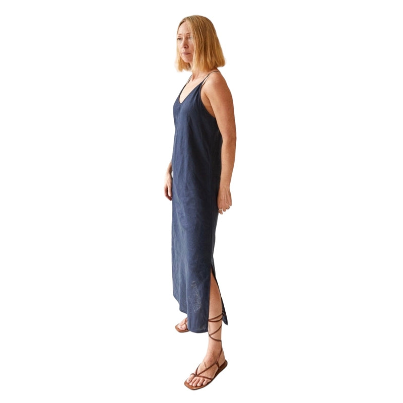 Chalk Clothing Iris Linen Dress Navy on model side